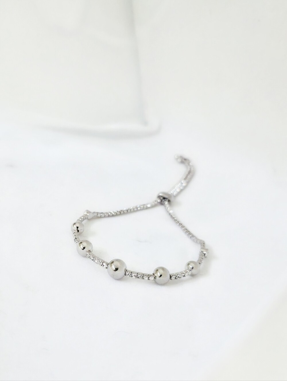 Silver Adjustable Bolo Bracelet | CZ Crystal Bead Slider Bracelet